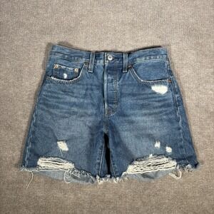 Levis 501 Jean Shorts Womens 28 High Rise Blue Denim Distressed Button Fly